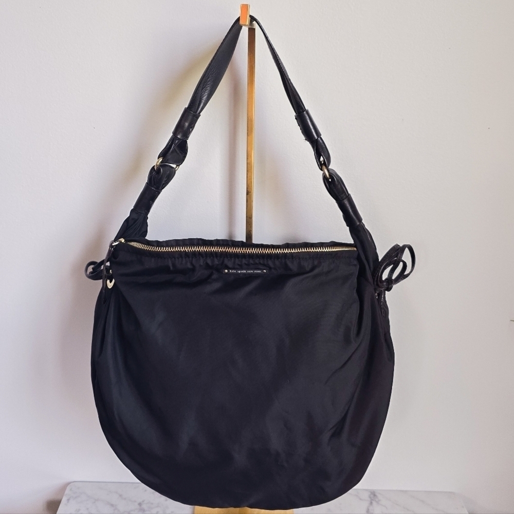Kate Spade New York, Black Nylon Leather Strap Shoulder Hobo Bag Handbag Purse